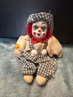 Vintage-Style Clown Doll with Blue Gingham Outfit and Red Hair